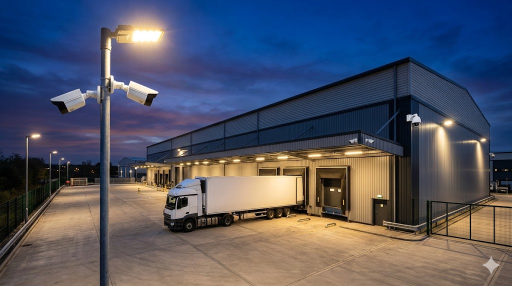 Warehouse loading bay at dusk with CCTV cameras covering the area